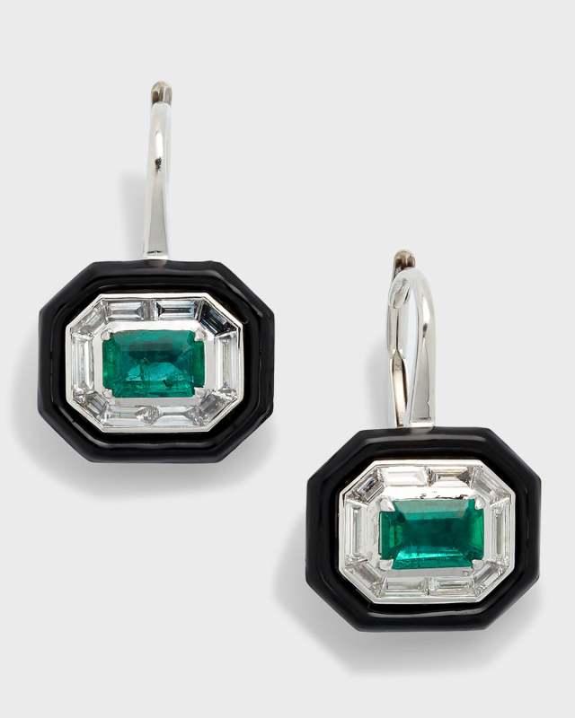 18K White Gold Oui Earrings with Black Enamel, White Diamonds and Emeralds